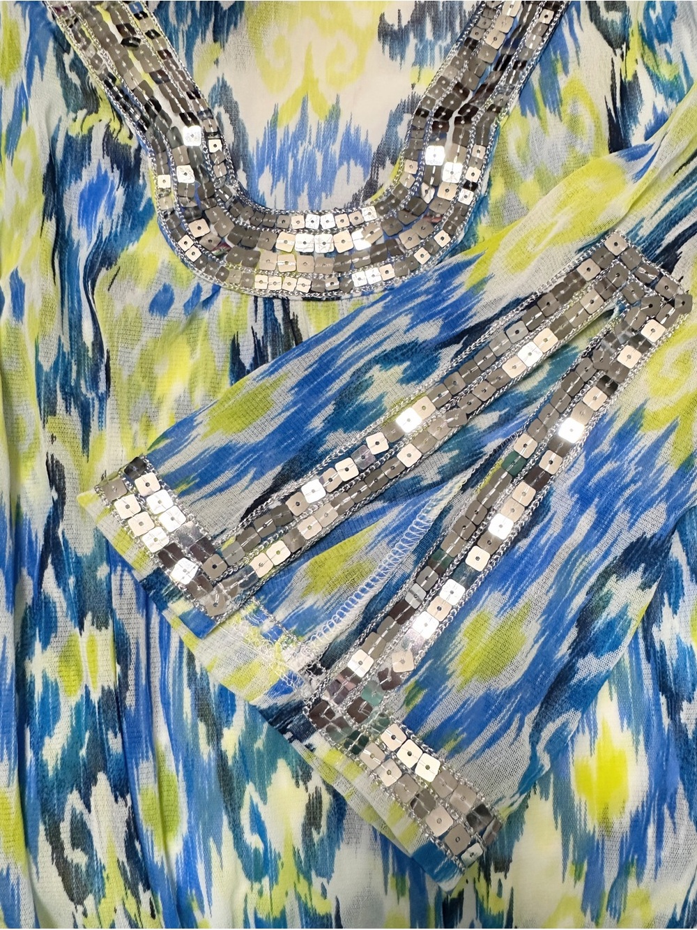 INC International Concepts Lime & Blue Printed Sequined V-Neck Caftan - Picture 3 of 7
